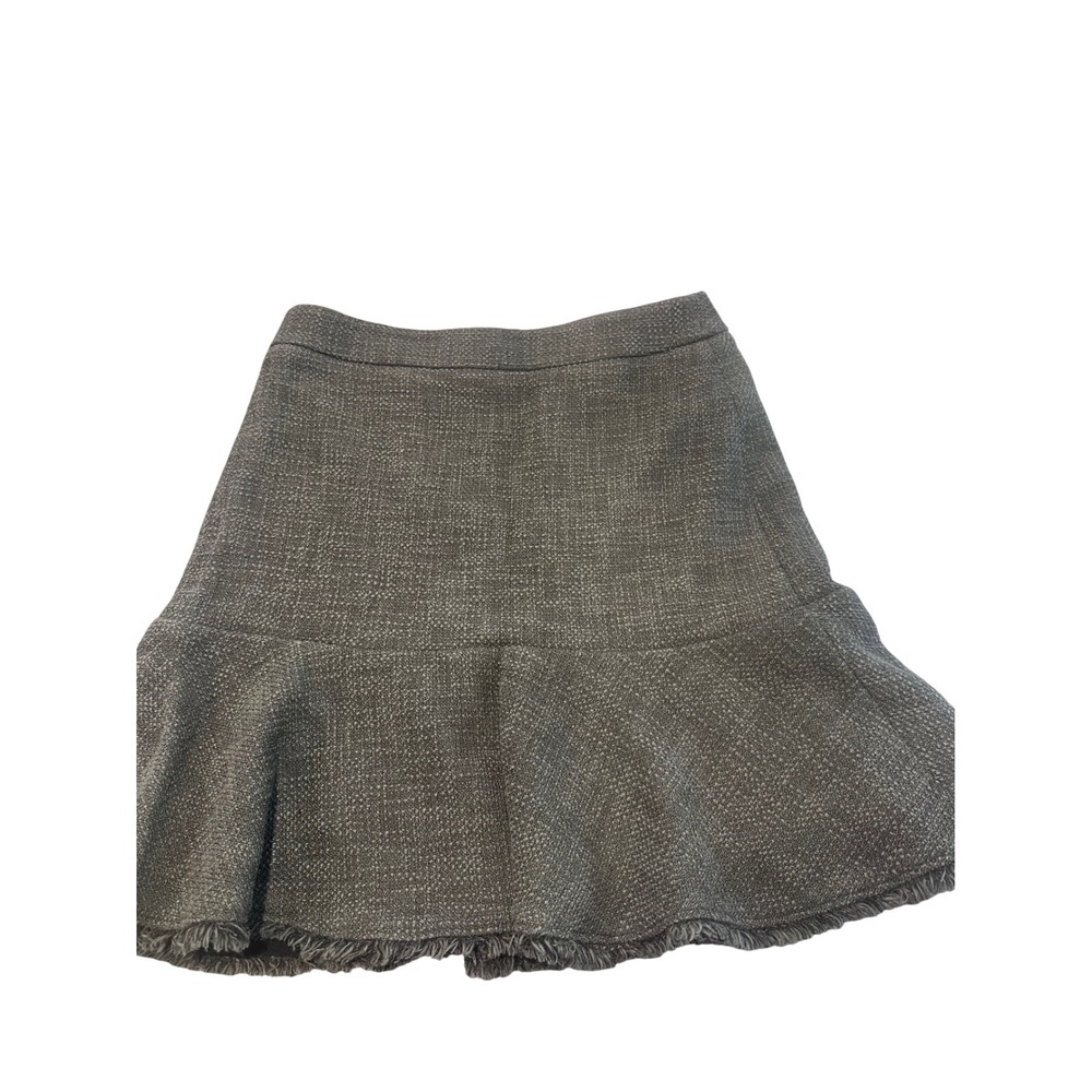 Ann Taylor Olive Green Tweed Flounce Mini Skirt Fringe Hem Size 2 236-436348
